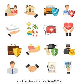 Insurance Flat Icons Set for Poster, Web Site, Advertising like House, Car, Medical and Business. isolated vector illustration