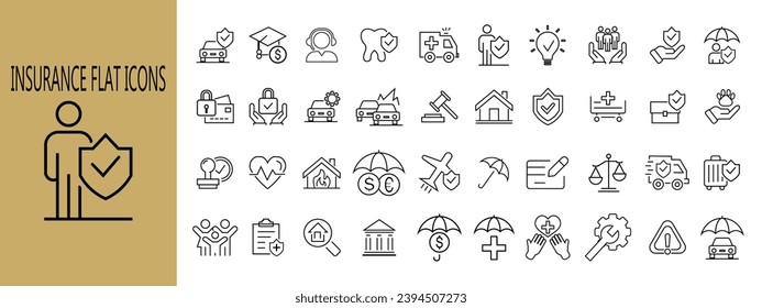 íconos fijos de seguros. Conjunto de seguros de iconos web en estilo de línea.