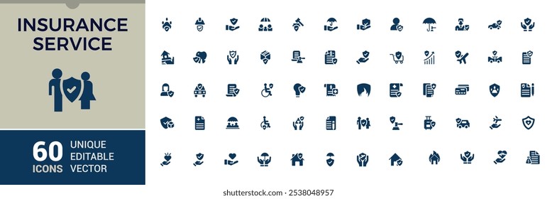 Conjunto de ícone sólido plano de seguro. Inclui ícones para seguro, deficiência, depósito, propriedade, proteger, política, casa, negócios. Ícone preenchido plano minimalista. Ilustração vetorial.