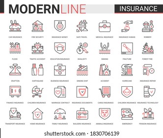 Insurance flat thin red black line icon vector illustration set with outline assurance infographic app symbols of insurance service for family health, home property or car transport, business finance
