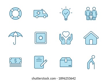 Iconos de vector plano de seguros en dos colores aislados en fondo blanco. Juego de iconos azules de seguro para diseño web, ui, aplicaciones móviles e impresión