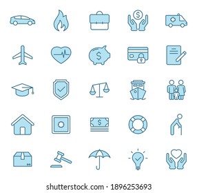 Insurance flat vector icons in two colors isolated on white background. Insurance blue icon set for web design, ui, mobile apps and print