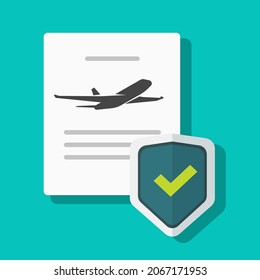 Insurance of flight protection policy vector or airlines safety assurance agreement with shield and airplane flat cartoon illustration, concept of trip or travel by plane accident coverage service