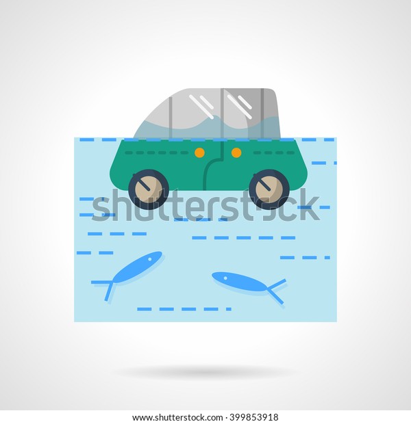 Insurance from flood. Green car in a\
river or lake with fishes.  Flat color style vector\
icon