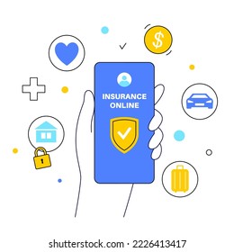 Insurance form online. Car, health or house safety concept. Digital agreement, purchase insurance plan on the internet on smartphone. Property protection from financial loss flat vector illustration