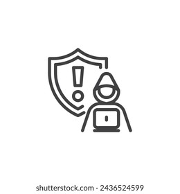 Icono de línea de fraude de seguros. signo de estilo lineal para concepto móvil y diseño web. Hacker con un ordenador portátil y escudo esquemático vector icono. Símbolo, ilustración del logotipo. Gráficos vectoriales