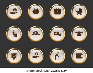 insurance gold-rimmed vector icons on dark background. insurance icons in gold frame for web, mobile and ui design