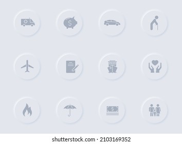 iconos de los vectores grises de seguro en los botones de goma redondos. conjunto de iconos de seguro para web, aplicaciones móviles, diseño ui y poligrafía de negocio de promoción