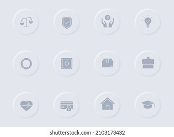 insurance gray vector icons on round rubber buttons. insurance icon set for web, mobile apps, ui design and promo business polygraphy