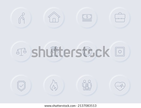insurance gray vector icons on round rubber\
buttons. insurance icon set for web, mobile apps, ui design and\
promo business\
polygraphy