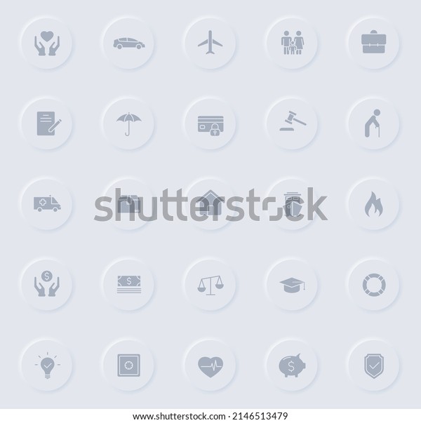 insurance gray vector icons on round rubber\
buttons. insurance icon set for web, mobile apps, ui design and\
promo business\
polygraphy