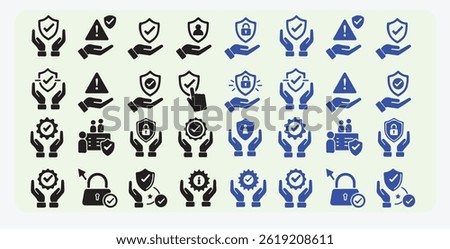 Insurance in Hand Icons Set – Shield Protection and Assurance Symbols in Flat and Line Style, insurance, protection, shield, hand, safety, secure, assurance, guarantee, icon, set, flat, line