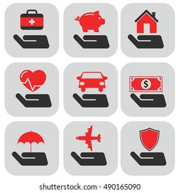 Insurance hand and items icons set Vector Illustration