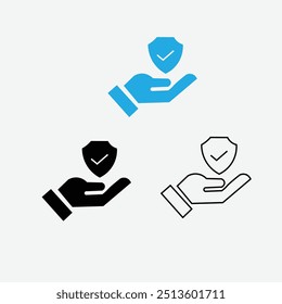 Insurance hand line and flat icon set. Shield with checkmark on hand symbol. Protection icon. 