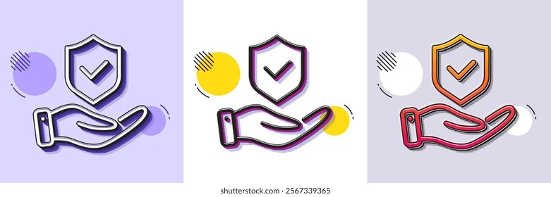 Insurance hand line icon. Halftone dotted pattern. Gradient icon with grain shadow. Risk coverage sign. Policyholder protection symbol. Line insurance hand icon. Various designs. Vector