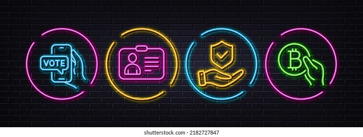 Insurance hand, Online voting and Id card minimal line icons. Neon laser 3d lights. Bitcoin pay icons. For web, application, printing. Full coverage, Internet chat, Human document. Vector