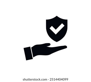 Escudo de la mano del seguro con la marca de verificación en el icono de la mano. Icono de protección. Signo de cobertura de riesgo. Símbolo de protección del asegurado. Diseño e ilustración de Vector de elementos de diseño de calidad.

