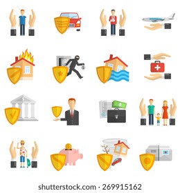 Insurance hand and shield multicolored flat icon set isolated vector illustration