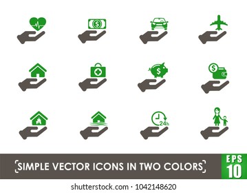 insurance hand simple vector icons in two colors