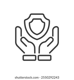 Manos del seguro, icono en el diseño de la línea. Seguro, manos, protección, seguridad, seguridad, cobertura, escudo sobre fondo blanco Vector. Icono de trazo editable de manos de seguro