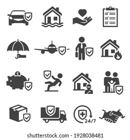 Insurance of health, life, auto, income, property bold black silhouette icons set isolated on white. Protection from financial loss pictogram collection, logos. Risk management vector element for web.