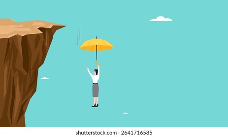 insurance, health or life insurance, guarantee or personal protection from the dangers of accident or disease, business woman survived using an insurance umbrella when he fell from a cliff