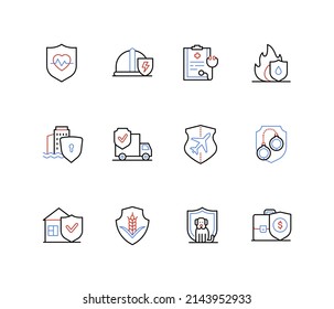 Seguros y protección de la salud: iconos de estilo de diseño de línea con trazo editable. Cuidados, seguridad de bienes inmuebles, protección contra inundaciones, incendios, estabilidad financiera. Idea de derechos humanos