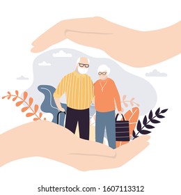 Insurance and healthcare concept background. Big hands of businessman covering tiny old people with care. Medical or financial assurance banner template. Elderly couple. Trendy vector illustration