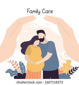 Insurance and healthcare concept background. Big hands covering tiny young love couple with care. Medical or financial assurance,family care banner. Pregnant woman with husband. Vector illustration