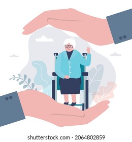 Insurance and healthcare concept background. Big hands of businessman covering grandmother with care. Medical or financial assurance banner template. Happy old woman. Trendy vector illustration