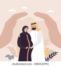 Insurance and healthcare concept. Big hands covering young arab love couple with care. Medical or financial assurance, family care banner. Pregnant muslim woman with husband. flat vector illustration