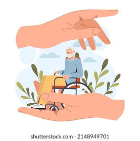 Insurance and healthcare. Large hands hold grandfather on chair, comfort and care. Volunteers take care of elderly person, charity, medicine poster or banner. Cartoon flat vector illustration