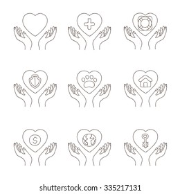 Insurance. Heart in the hands. Vector icons in the shape of a heart, drawn by hand.