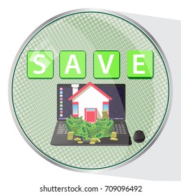 INSURANCE HOME AND FINANCE ONLINE button concept. illustration. LAPTOP WITH HOME AND MONEY