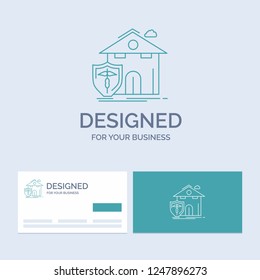 insurance, home, house, casualty, protection Business Logo Line Icon Symbol for your business. Turquoise Business Cards with Brand logo template
