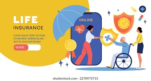 Insurance horizontal banner with more button and smartphone with doctor giving shield to man in wheelchair vector illustration