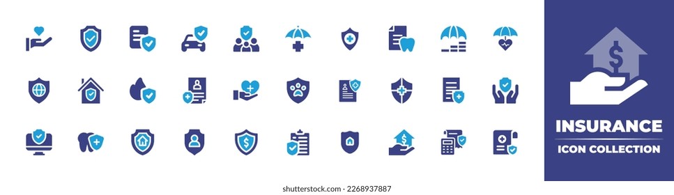 Insurance icon collection. Duotone color. Vector illustration. Containing health, protection, family, medical insurance, shield, dental, coins, health, house insurance.