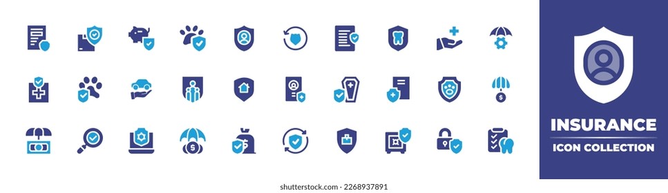 Insurance icon collection. Duotone color. Vector illustration. Containing warranty, security, piggy bank, protection, customer, refresh, legal document, dental insurance, health insurance.