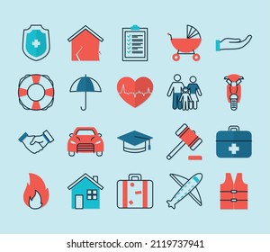 insurance icon collection on blue background