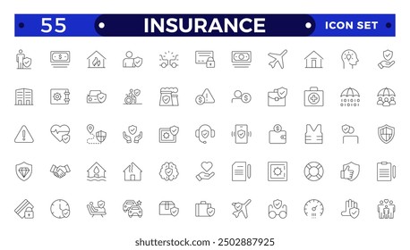 Insurance icon collection. Related to healthcare medical, life, car, home, travel insurance icons.
