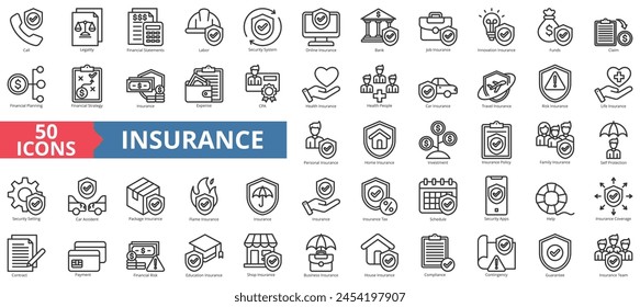 Insurance icon collection set. Containing call, legality, financial statements, labor, security system, online, bank icon. Simple line vector.