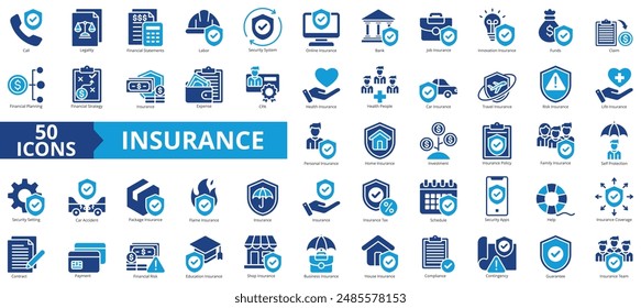 Insurance icon collection set. Containing call, legality, financial statements, labor, security system, online, bank icon. Simple flat vector.