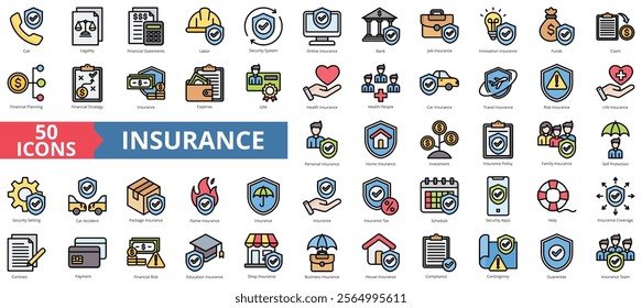 Insurance icon collection set. Containing call, legality, financial statements, labor, security system, online, bank icon. Simple flat outline vector illustration