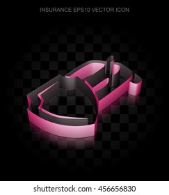 Insurance icon: Crimson 3d Car And Shield made of paper tape on black background, transparent shadow, EPS 10 vector illustration.