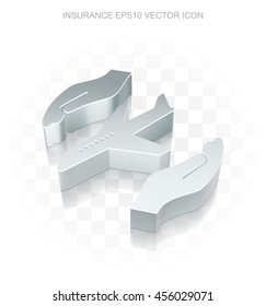 Insurance icon: Flat metallic 3d Airplane And Palm, transparent shadow on light background, EPS 10 vector illustration.
