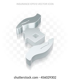 Insurance icon: Flat metallic 3d House And Palm, transparent shadow on light background, EPS 10 vector illustration.