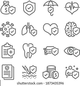 Conjunto de vectores de ilustración de icono de seguro. Contiene iconos como una póliza de seguro, Dental, Health, Protection, eye, tooth, car, cerebro y más. Paro expandido