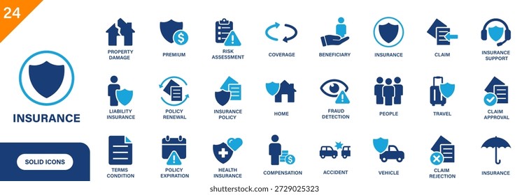 Insurance icon. Including property damage, compensation, health insurance, claim, fraud detection, policy expiration. Solid vector icons collection.