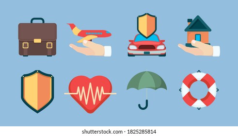 Icono de seguro. Objetos de seguro de propiedad colección de símbolos de vectores de vida de la empresa