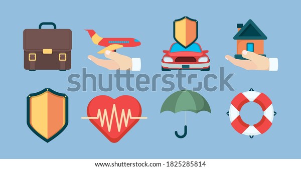 Insurance icon. Property policy\
insurance objects business life health vector symbols\
collection
